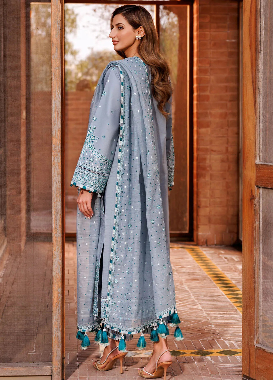 Dastoor By Farasha Embroidered Lawn Suit Unstitched 3 Piece FSH24E D4-Beryl Grey - Summer Collection
