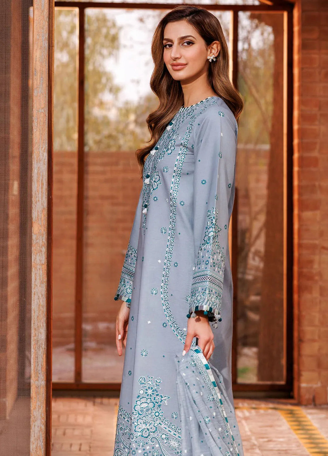 Dastoor By Farasha Embroidered Lawn Suit Unstitched 3 Piece FSH24E D4-Beryl Grey - Summer Collection