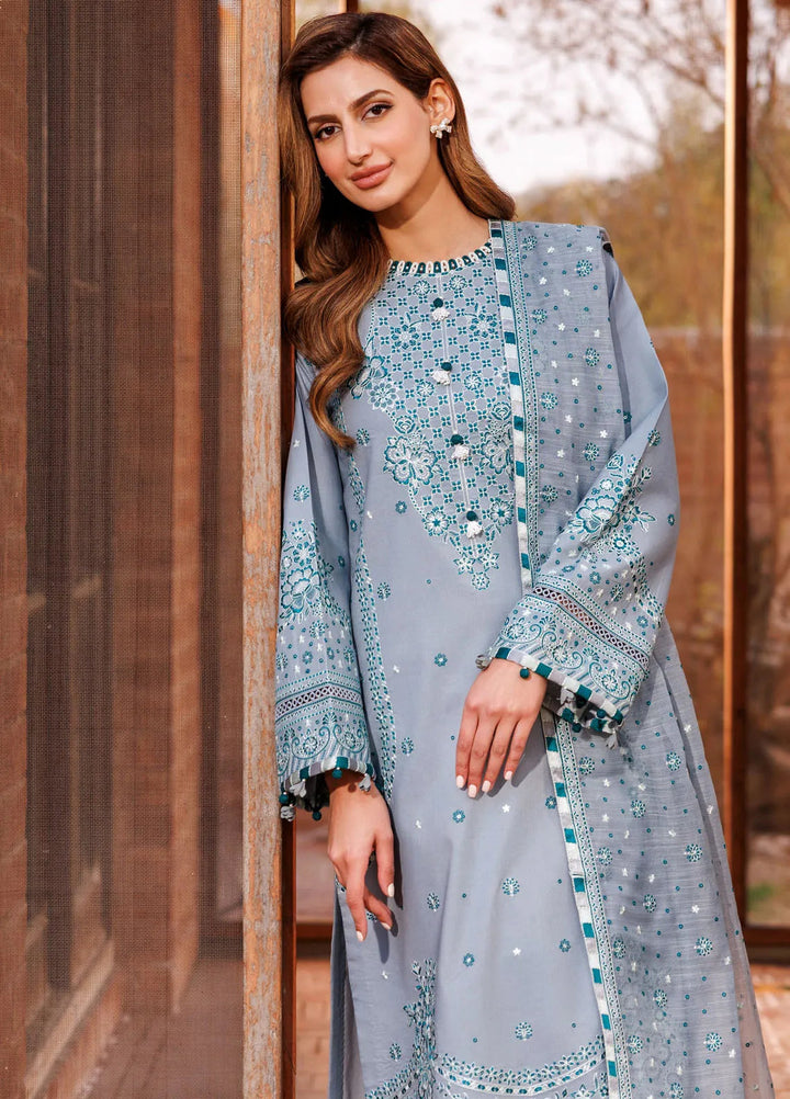 Dastoor By Farasha Embroidered Lawn Suit Unstitched 3 Piece FSH24E D4-Beryl Grey - Summer Collection