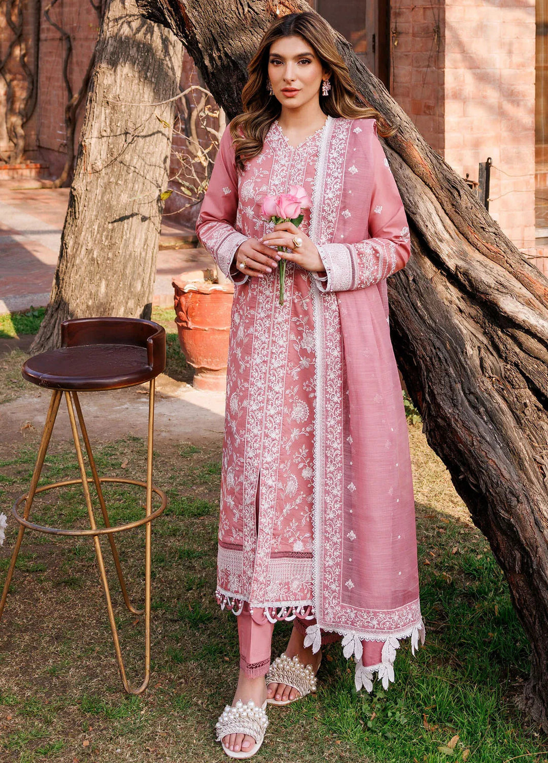 Dastoor By Farasha Embroidered Lawn Suit Unstitched 3 Piece FSH24E D5-Pearl Mist - Summer Collection