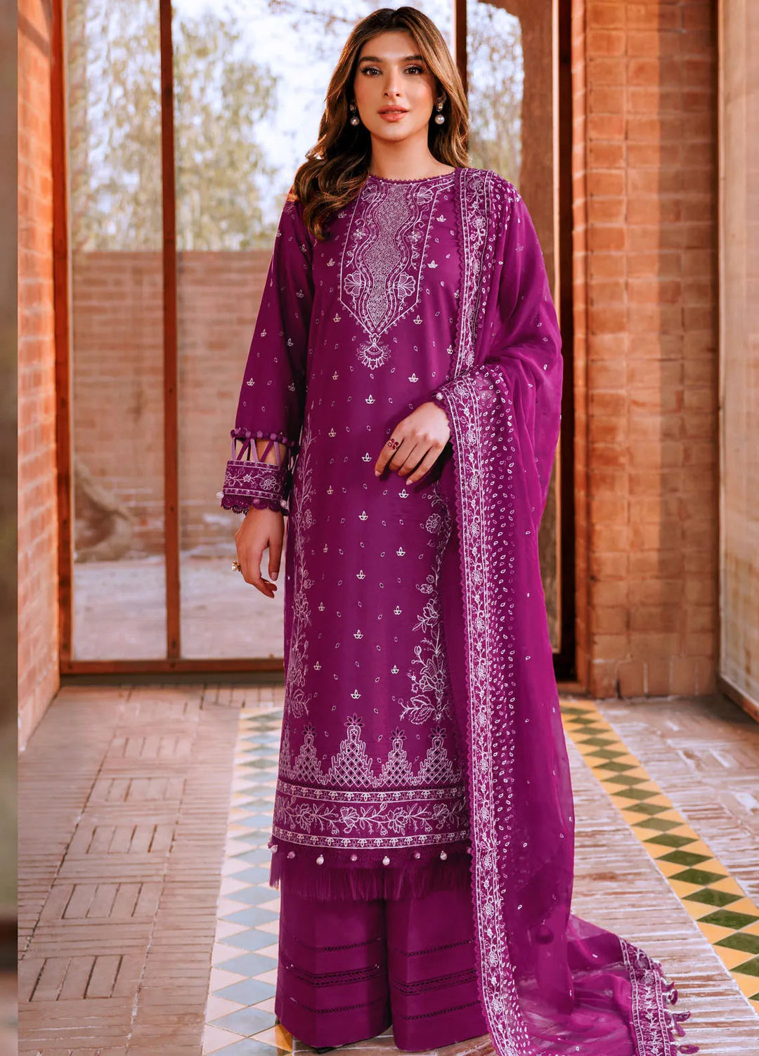 Dastoor By Farasha Embroidered Lawn Suit Unstitched 3 Piece FSH24E D8-Tempting Bery - Summer Collection