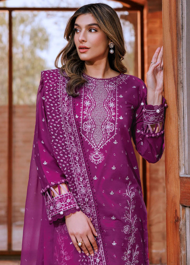 Dastoor By Farasha Embroidered Lawn Suit Unstitched 3 Piece FSH24E D8-Tempting Bery - Summer Collection
