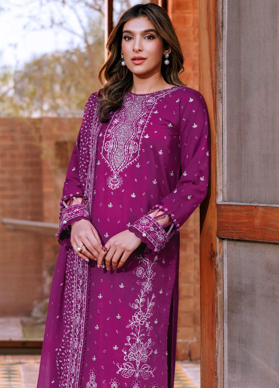 Dastoor By Farasha Embroidered Lawn Suit Unstitched 3 Piece FSH24E D8-Tempting Bery - Summer Collection