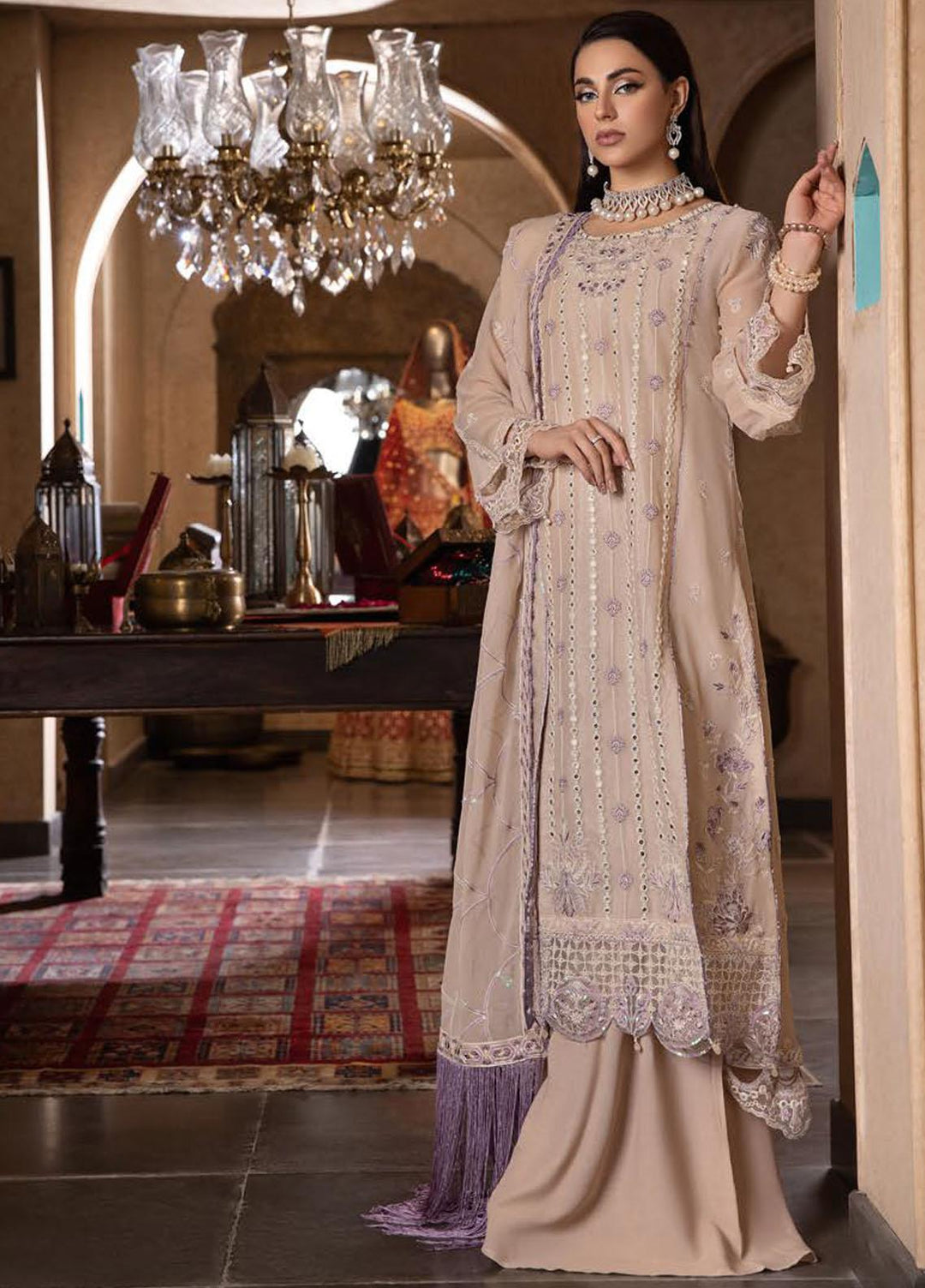 Dastoor By Lala Textiles Embroidered Chiffon Suits Unstitched 3 Piece LT23D D-01 Heaven - Luxury Collection