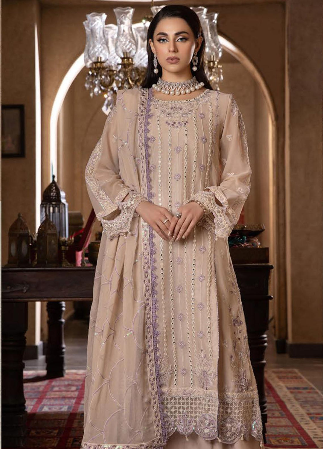 Dastoor By Lala Textiles Embroidered Chiffon Suits Unstitched 3 Piece LT23D D-01 Heaven - Luxury Collection