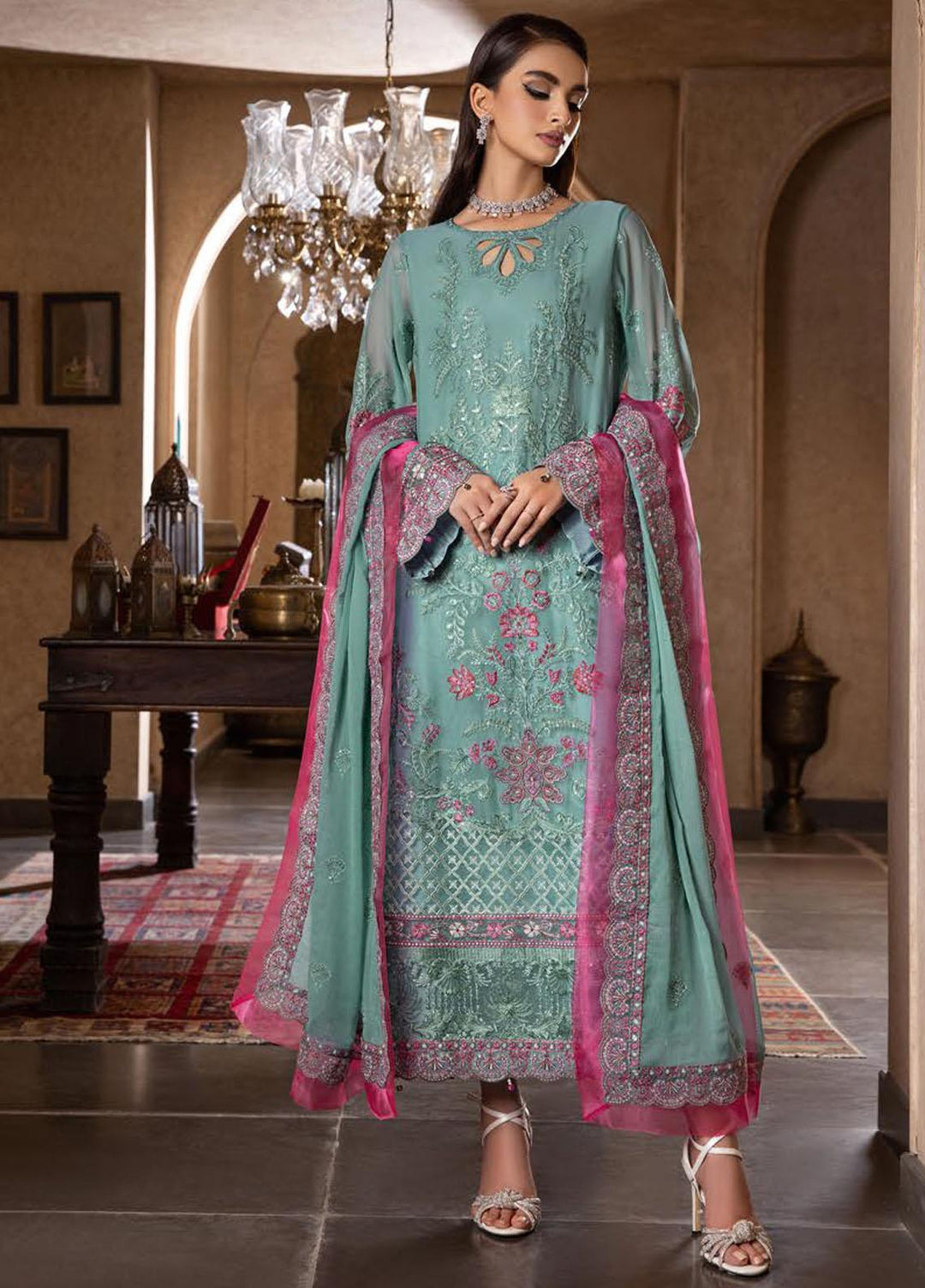 Dastoor By Lala Textiles Embroidered Chiffon Suits Unstitched 3 Piece LT23D D-02 Rouge - Luxury Collection