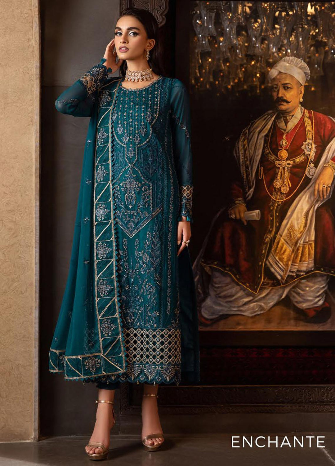 Dastoor By Lala Textiles Embroidered Chiffon Suits Unstitched 3 Piece LT23D D-05 Enchante - Luxury Collection