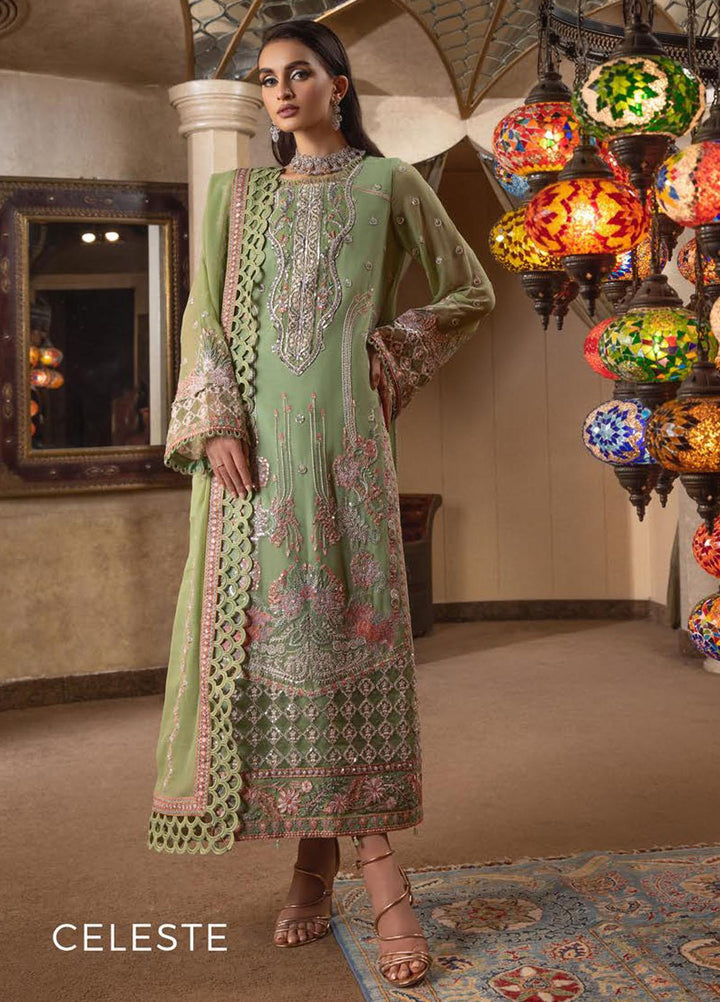 Dastoor By Lala Textiles Embroidered Chiffon Suits Unstitched 3 Piece LT23D D-06 Celeste - Luxury Collection