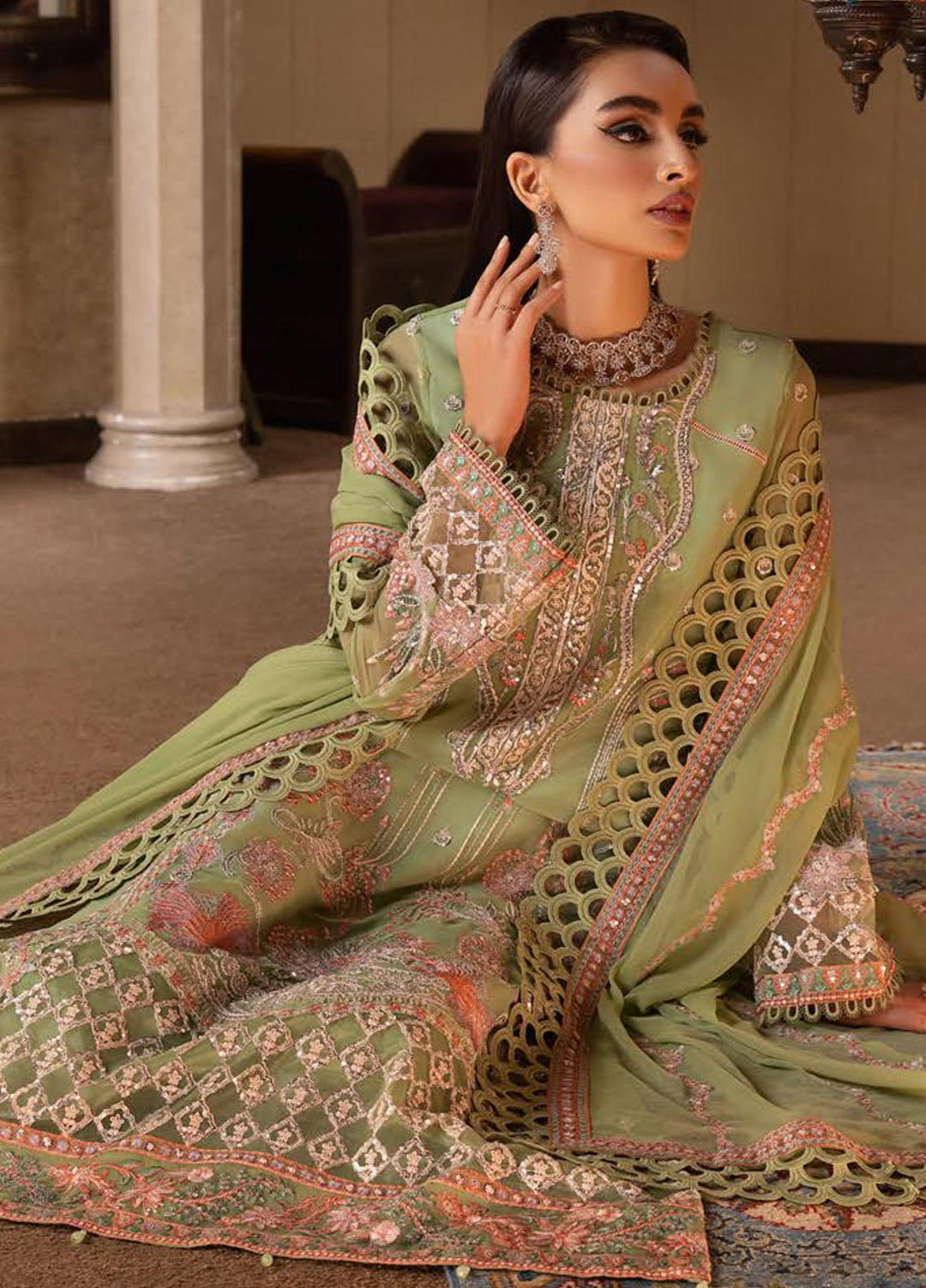 Dastoor By Lala Textiles Embroidered Chiffon Suits Unstitched 3 Piece LT23D D-06 Celeste - Luxury Collection