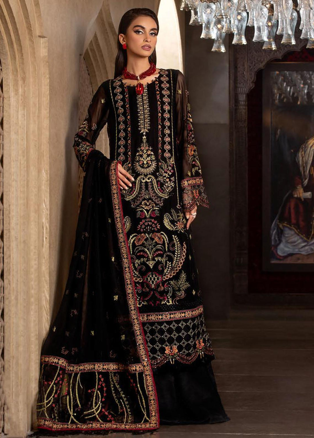 Dastoor By Lala Textiles Embroidered Chiffon Suits Unstitched 3 Piece LT23D D-07 Serene - Luxury Collection