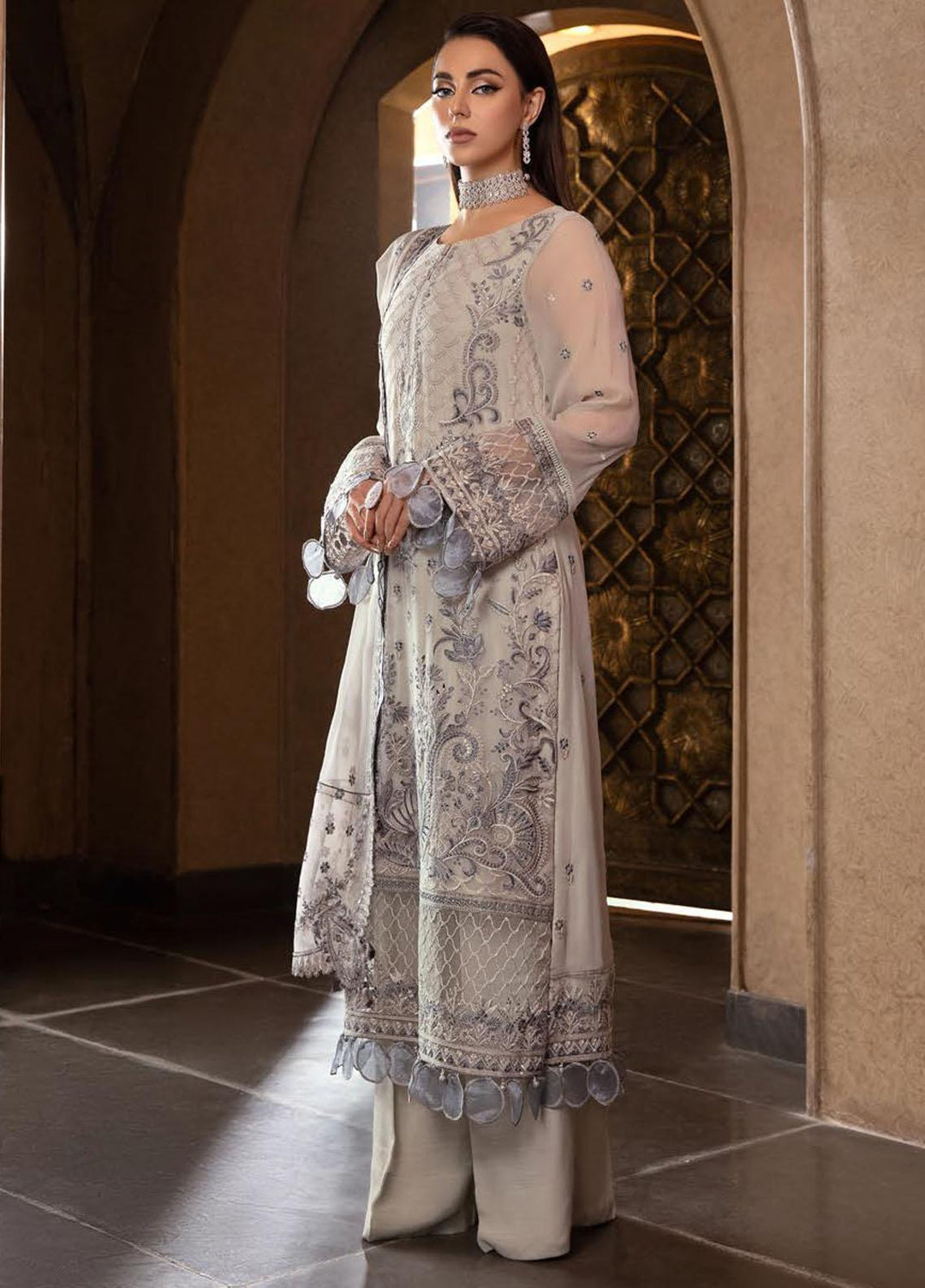 Dastoor By Lala Textiles Embroidered Chiffon Suits Unstitched 3 Piece LT23D D-08 Marie - Luxury Collection