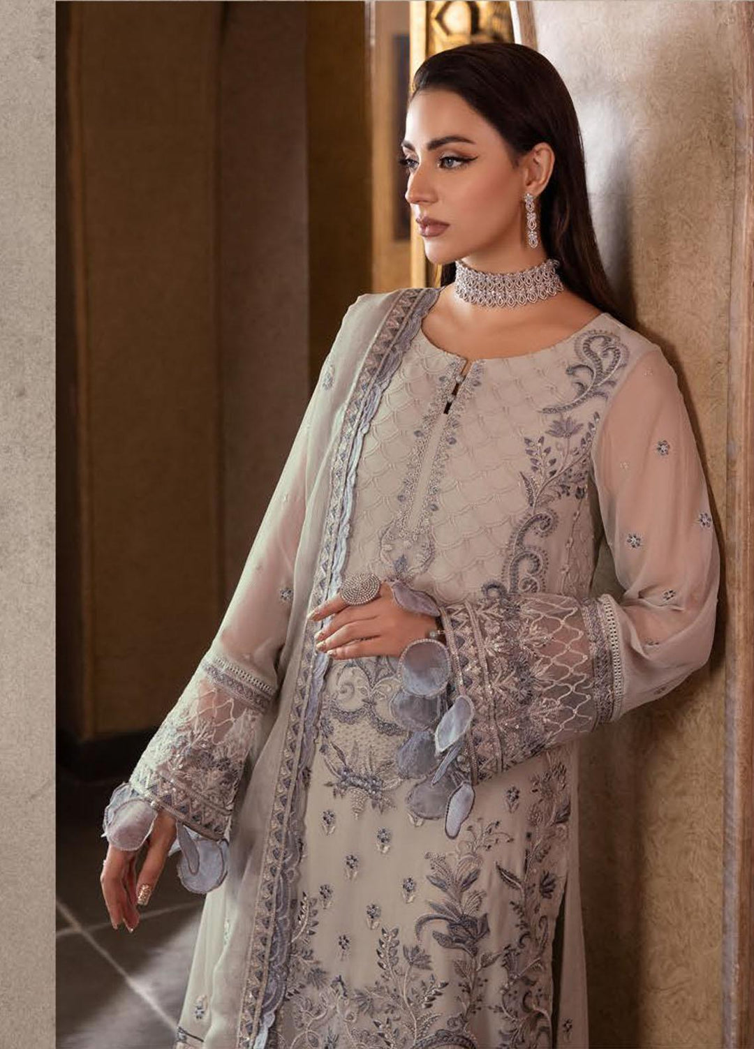 Dastoor By Lala Textiles Embroidered Chiffon Suits Unstitched 3 Piece LT23D D-08 Marie - Luxury Collection