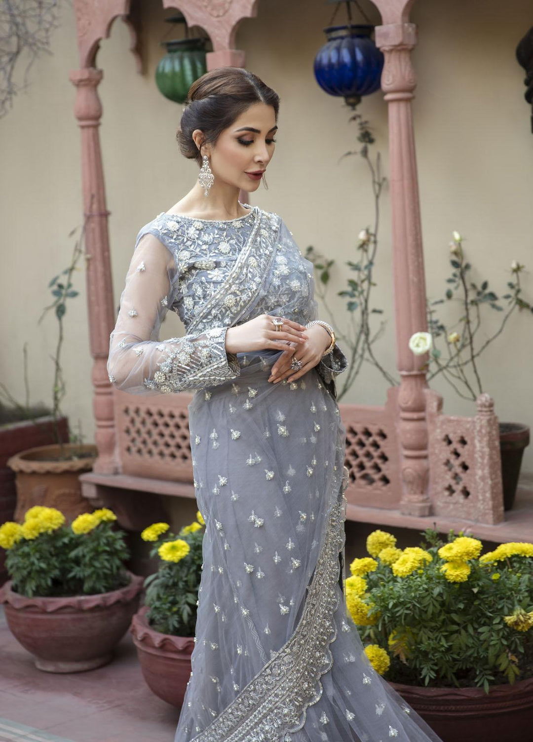 Daud Abbas Embroidered Net Suits Unstitched Saree DA22DS DA-F-015/Almas - Luxury Collection