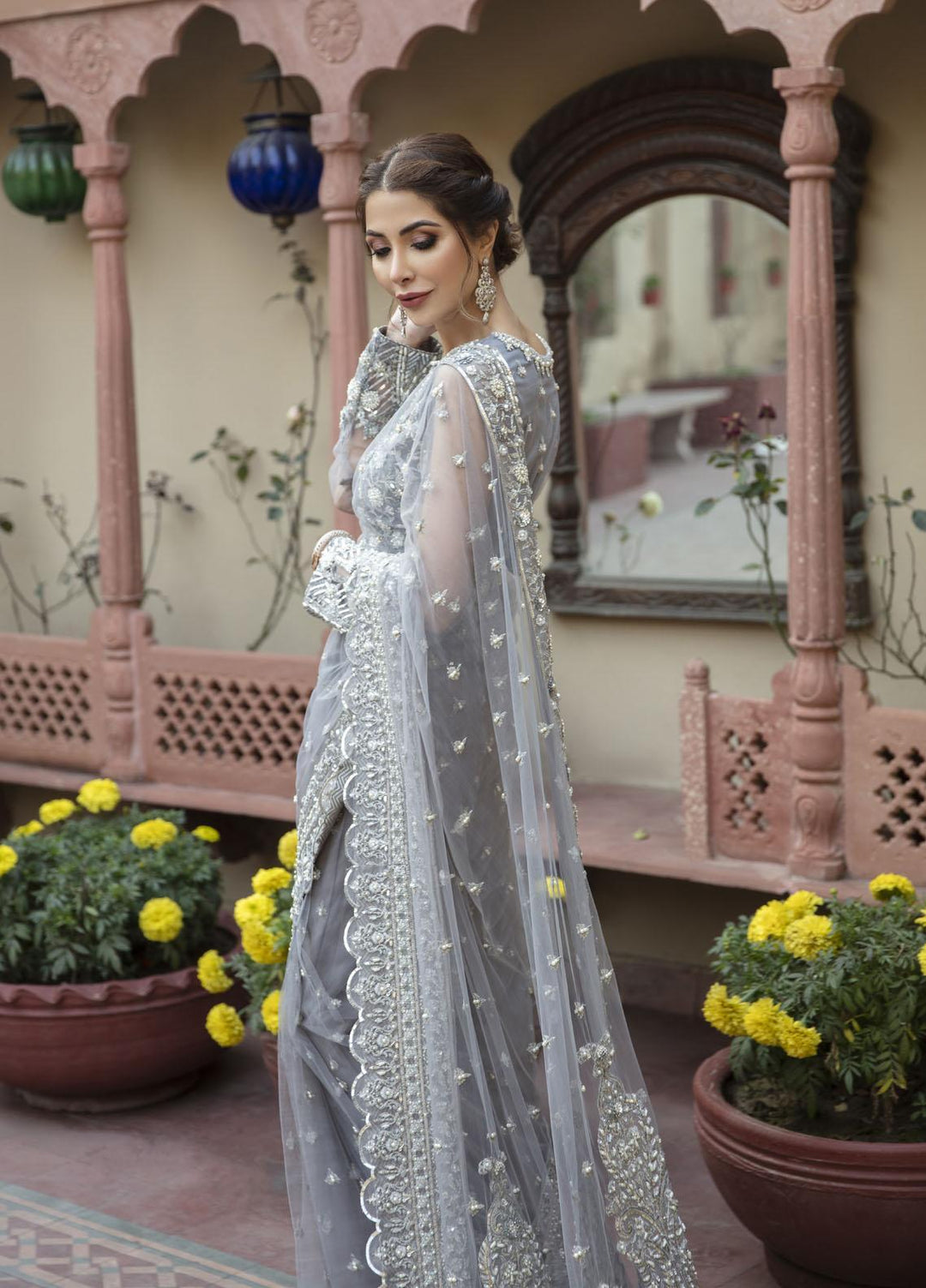 Daud Abbas Embroidered Net Suits Unstitched Saree DA22DS DA-F-015/Almas - Luxury Collection