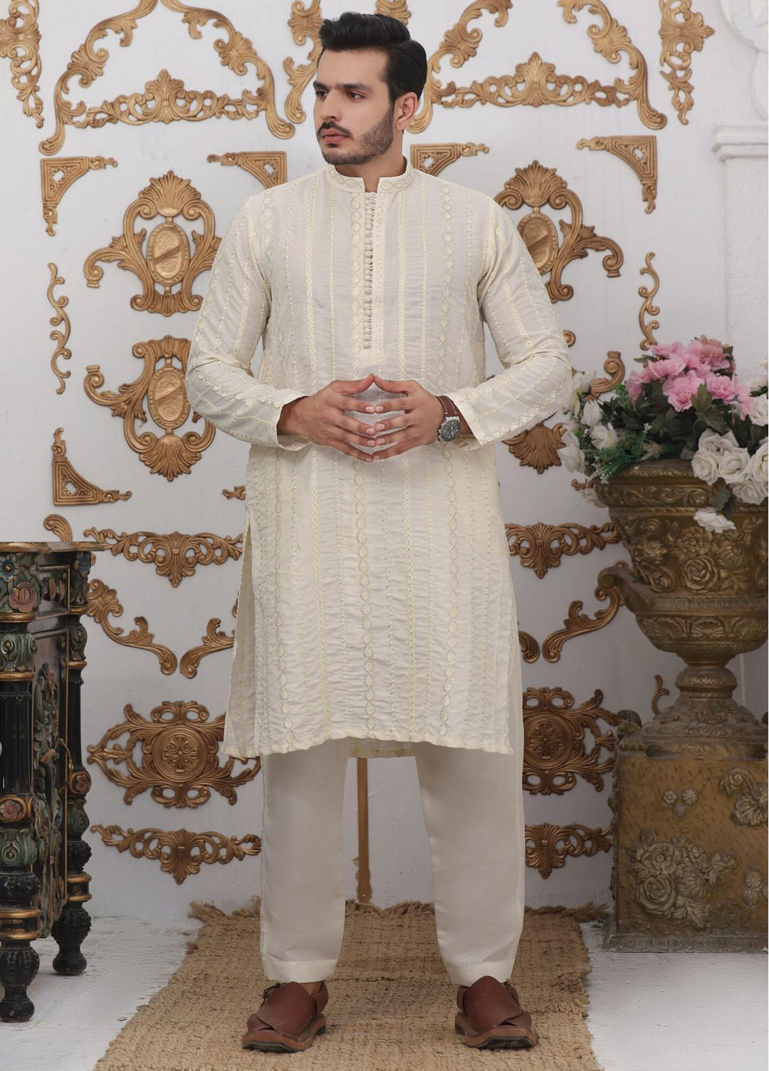 Bin Musab Raw Silk Formal Men Kurta Pajama -  BM-000004 DeepSap Cream
