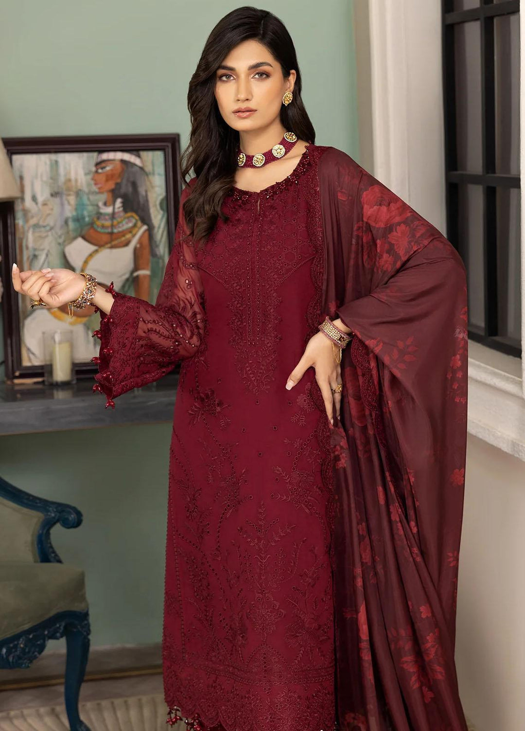 Dhaagay By Alizeh Fashion Embroidered Chiffon Suits Unstitched 3 Piece AFB23D-V2 D-07 Azalea - Formal Collection