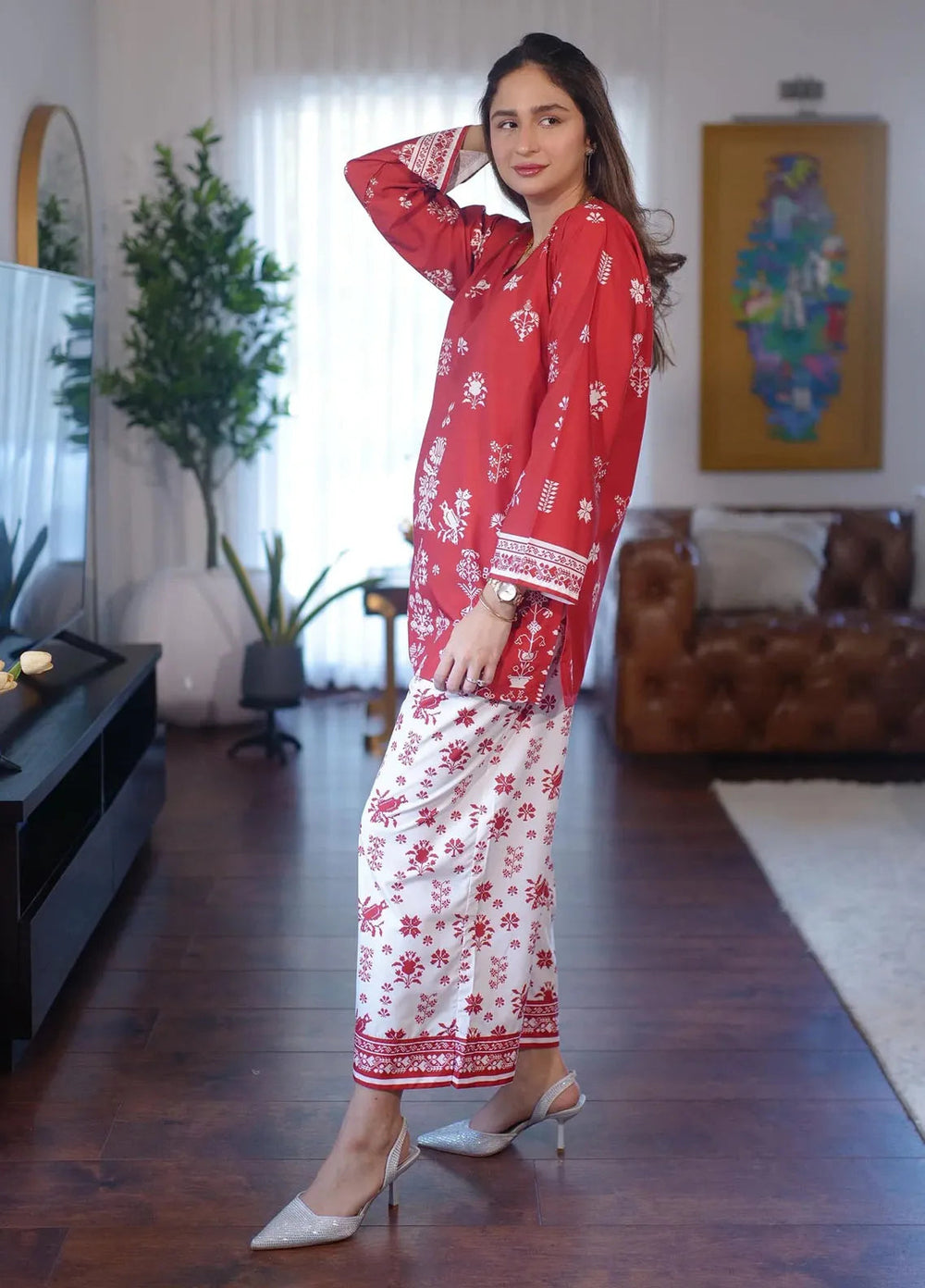 Dhaga Pret Printed Crepe 2 Piece Suit Saffron