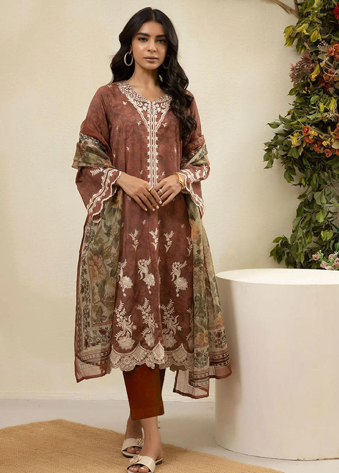 Everyday Basics By Dhanak Embroidered Lawn Suits Unstitched 3 Piece DU-3139 BROWN - Summer Collection