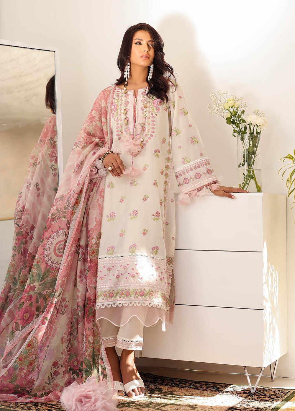 Kiara By Dhanak Embroidered Lawn Suits Unstitched 3 Piece DU-3124 WHITE - Signature Summer Collection