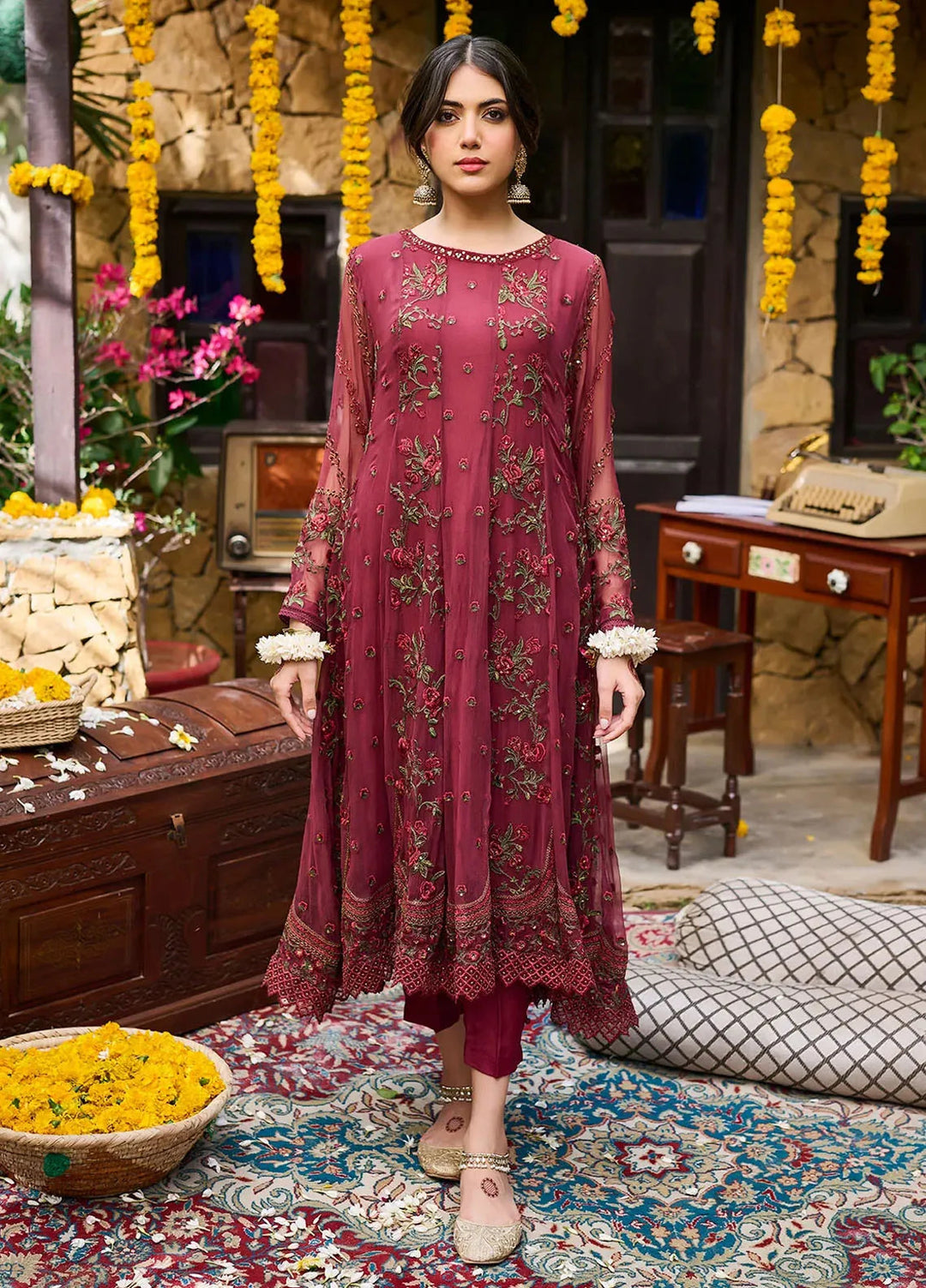 Dhanak Pret Embroidered Chiffon 2 Piece Suit SS24DA-2363 Maroon