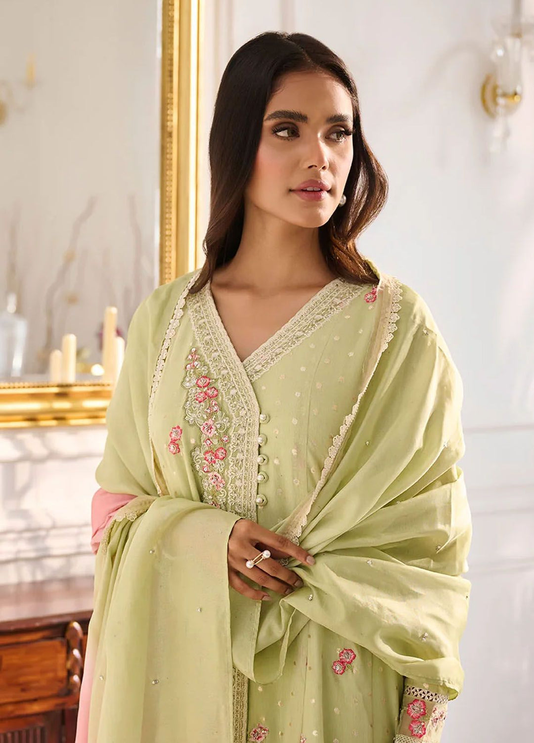 Dhanak Pret Embroidered Cotton Jacquard 2 Piece Suit SS24DA-2378 Light Green