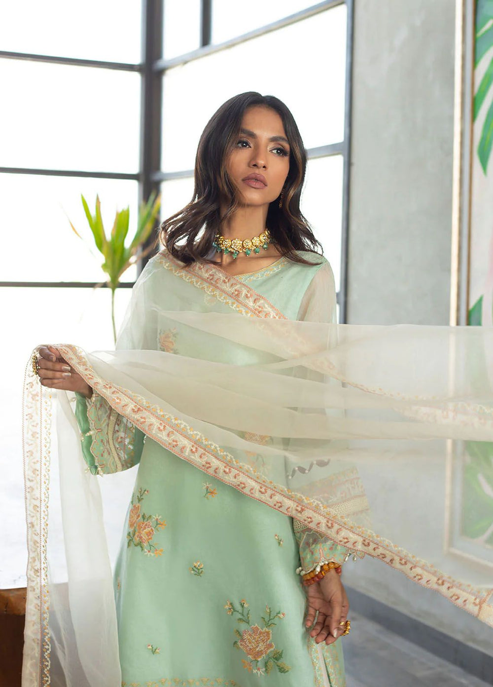 Dhanak Pret Embroidered Organza Kurti SS4DA-1880 SKY BLUE