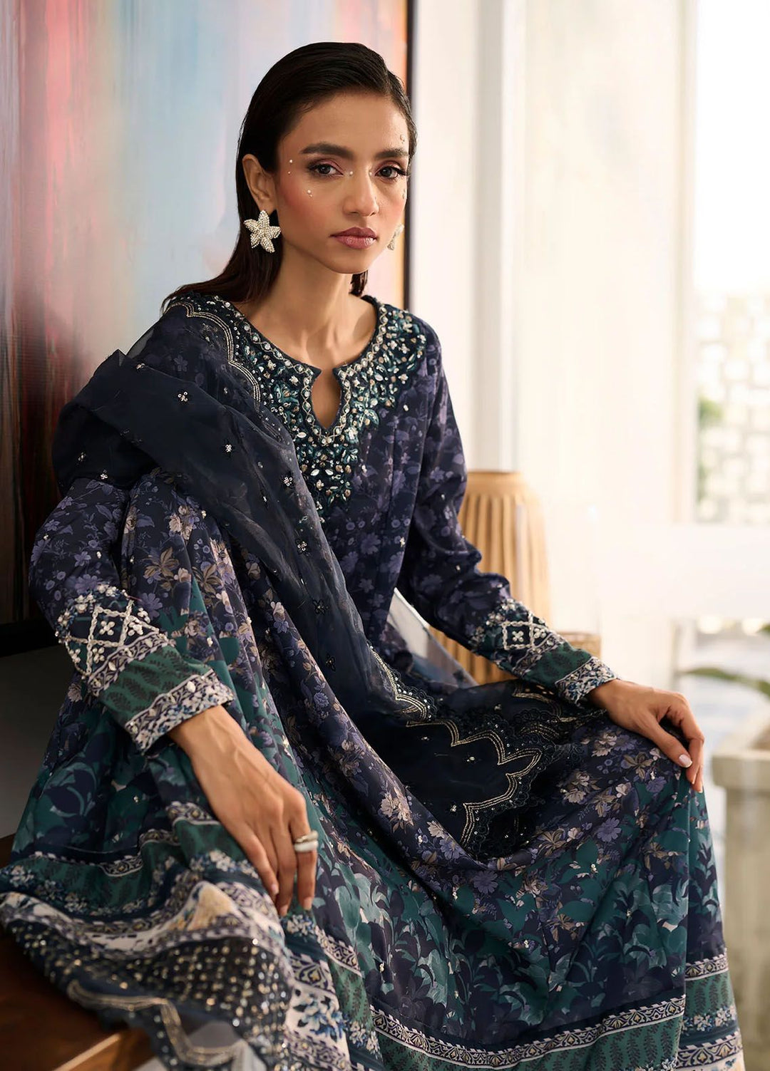 Dhanak Pret Embroidered Silk 2 Piece Suit SS24DA-2356 Navy Blue