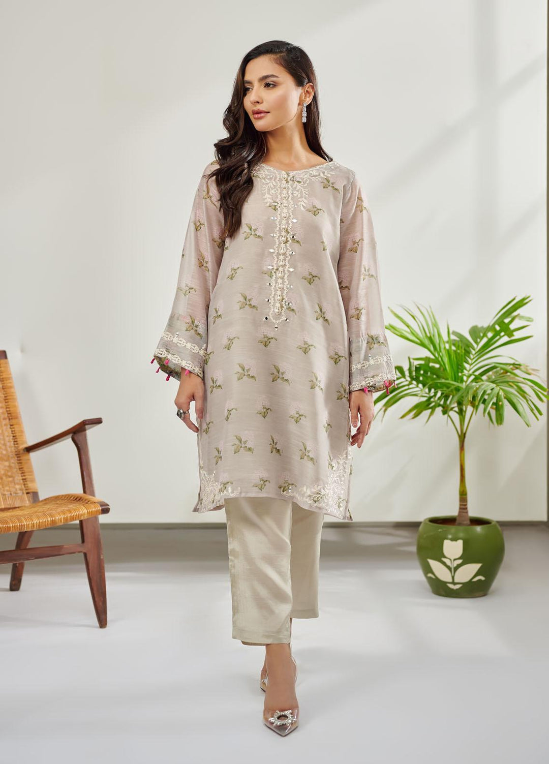 Dhanak Casual Pret Embroidered Silk 2 Piece Suit DC-0390 BEIGE