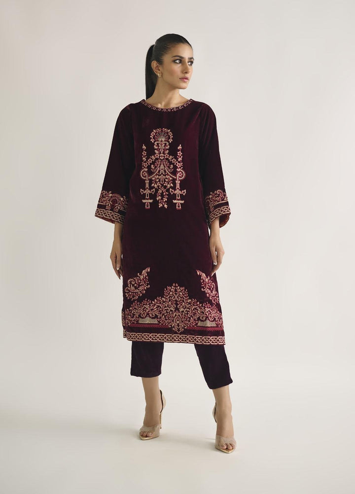 Dhanak Pret Embroidered Velvet Shirt DA-1683 MAROON