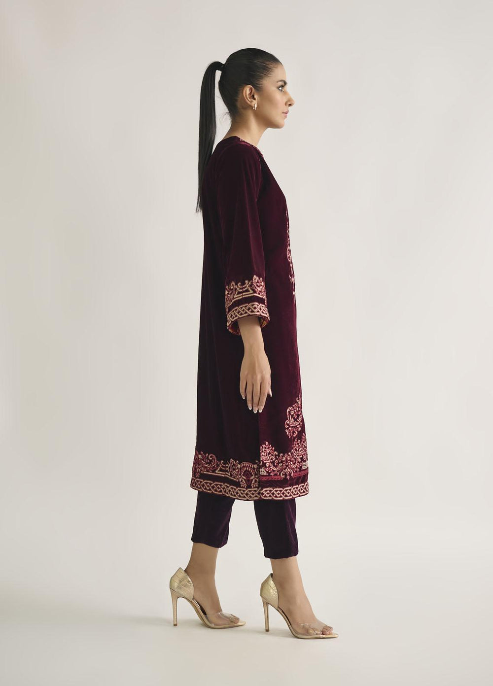 Dhanak Pret Embroidered Velvet Shirt DA-1683 MAROON