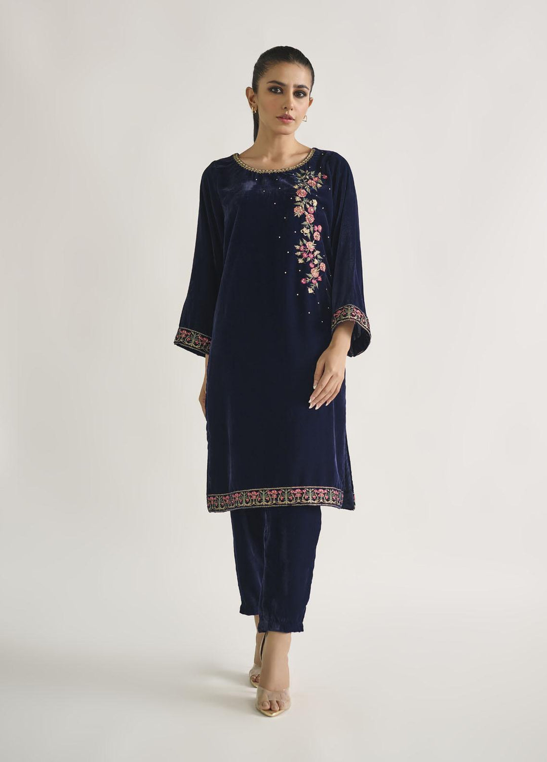 Dhanak Pret Embroidered Velvet Shirt DA-1698 NAVY BLUE