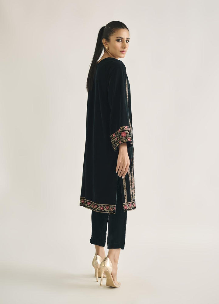 Dhanak Pret Embroidered Velvet Shirt DA-1715 GREEN