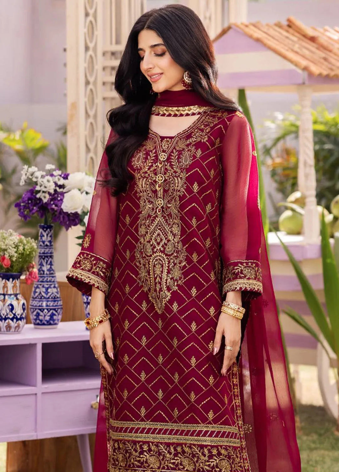 Dhanak Rang by Asim Jofa Embroidered Chiffon Suit Unstitched 3 Piece AJ24DR AJCF-01 - Festive Collection