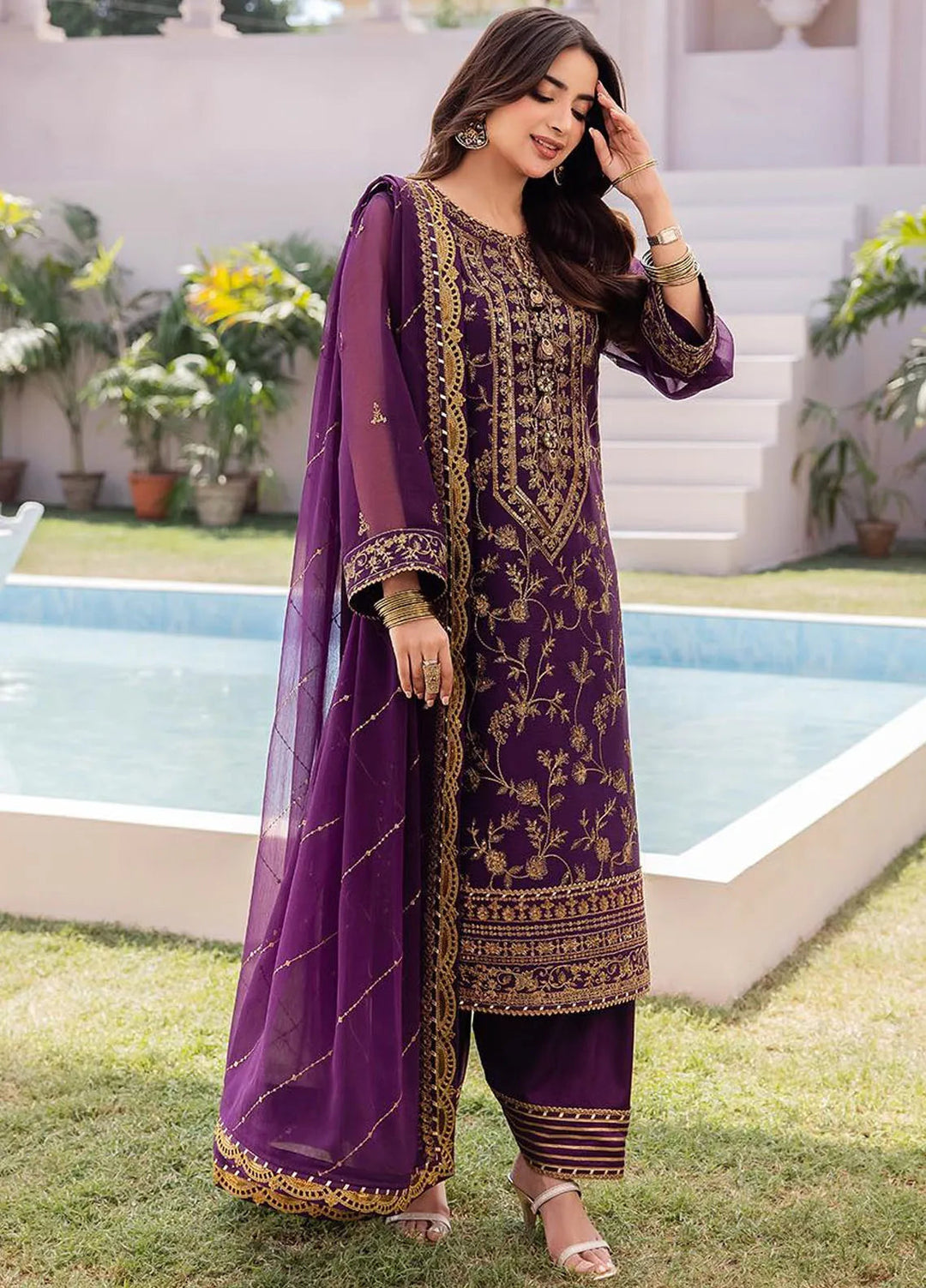 Dhanak Rang by Asim Jofa Embroidered Chiffon Unstitched Suit 3 Piece AJ24DR AJCF-08 - Festive Collection
