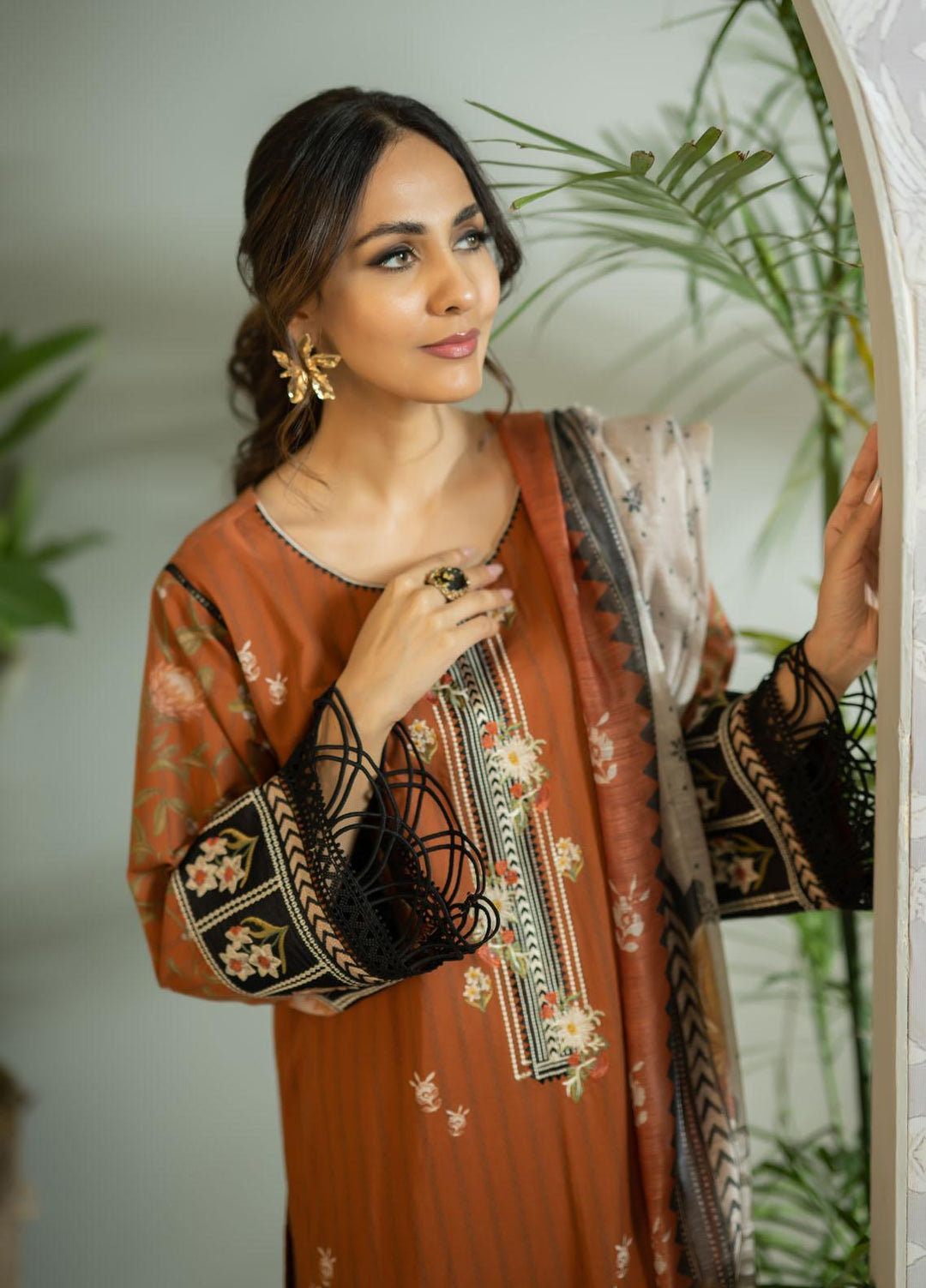 Dhanak Embroidered Cotton Suits Unstitched 3 Piece DU-3105 RUST - Luxury Signature Collection