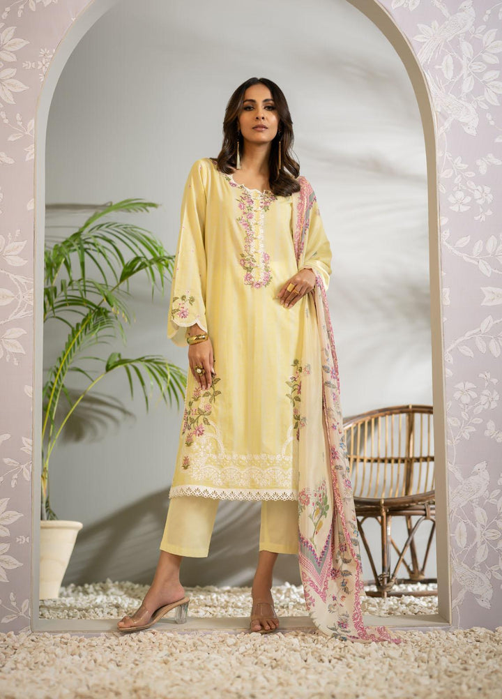 Dhanak Embroidered Cotton Suits Unstitched 3 Piece DU-3106 LEMON YELLOW - Luxury Signature Collection