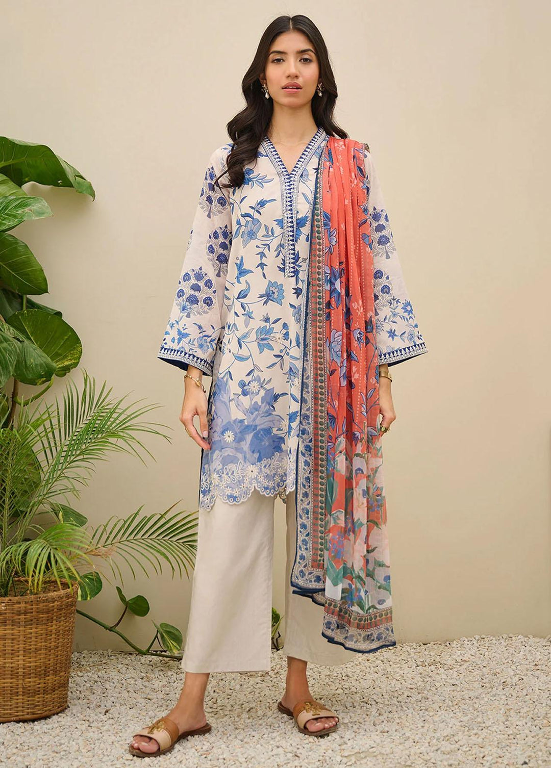 Summer Basics By Dhanak Embroidered Lawn Suits Unstitched 3 Piece DHK23SB DU-3150 WHITE - Summer Collection