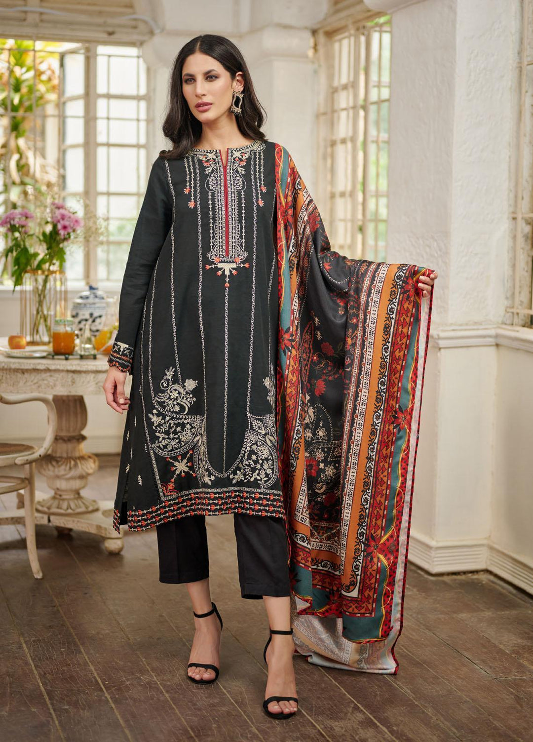 Dhanak Embroidered Khaddar Suits Unstitched 3 Piece DU-3074 BLACK - Festive Collection