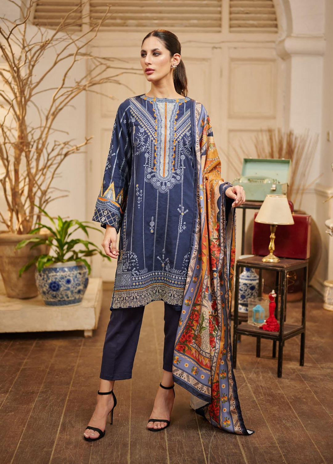 Dhanak Embroidered Khaddar Suits Unstitched 3 Piece DU-3075 NAVY BLUE - Festive Collection