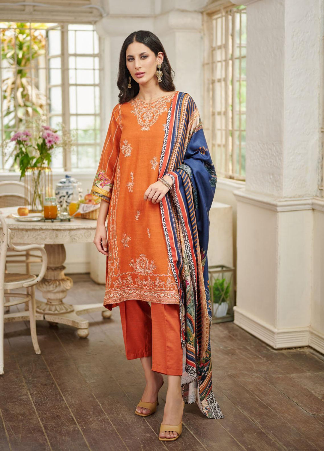 Dhanak Embroidered Khaddar Suits Unstitched 3 Piece DU-3077 ORANGE - Festive Collection