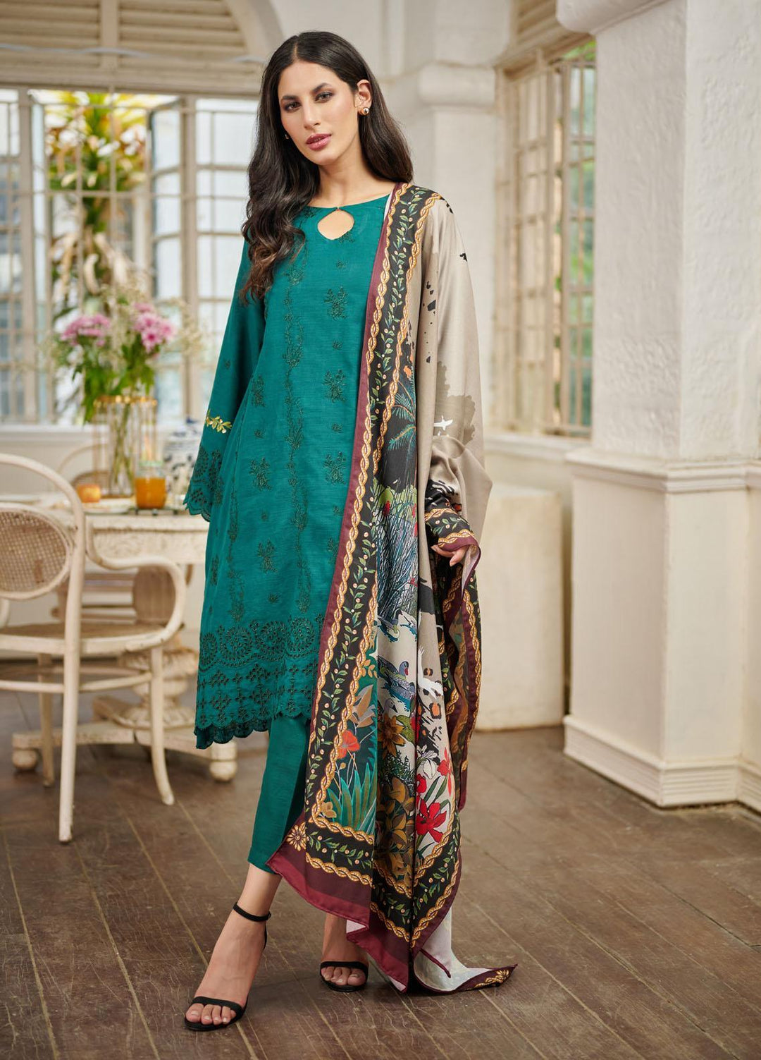 Dhanak Embroidered Khaddar Suits Unstitched 3 Piece DU-3078 BOTTLE GREEN - Festive Collection