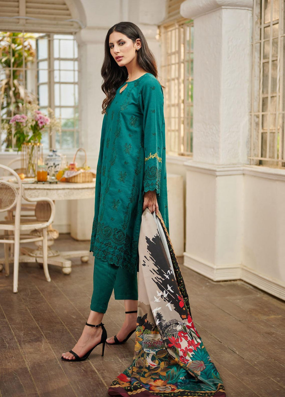 Dhanak Embroidered Khaddar Suits Unstitched 3 Piece DU-3078 BOTTLE GREEN - Festive Collection