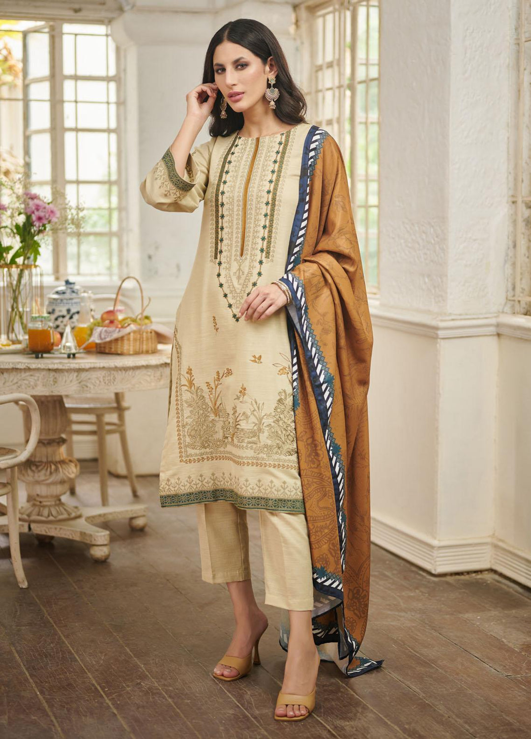Dhanak Embroidered Khaddar Suits Unstitched 3 Piece DU-3082 HONEY CREAM - Festive Collection