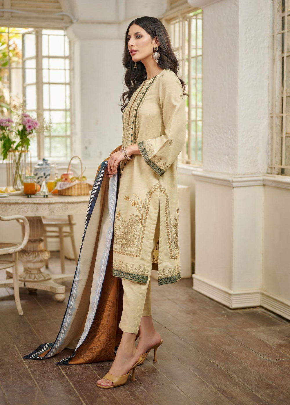 Dhanak Embroidered Khaddar Suits Unstitched 3 Piece DU-3082 HONEY CREAM - Festive Collection