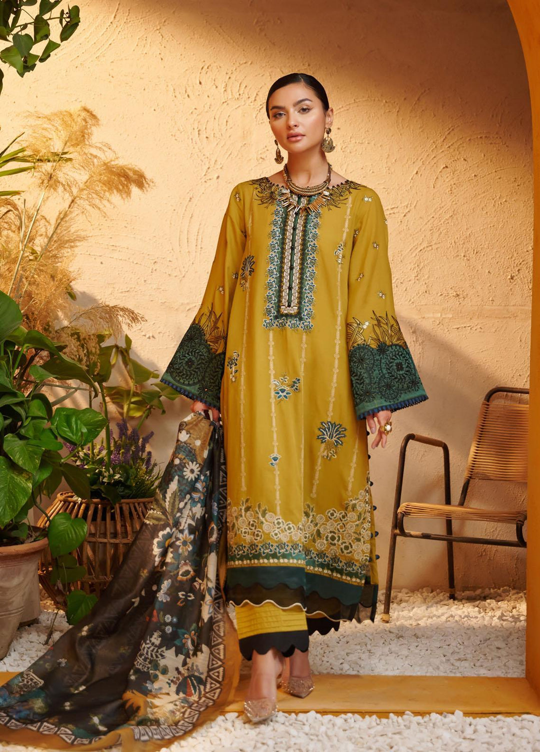 Dhanak Embroidered Lawn Suits Unstitched 3 Piece DU-3090 OLIVE GREEN - Luxury Collection