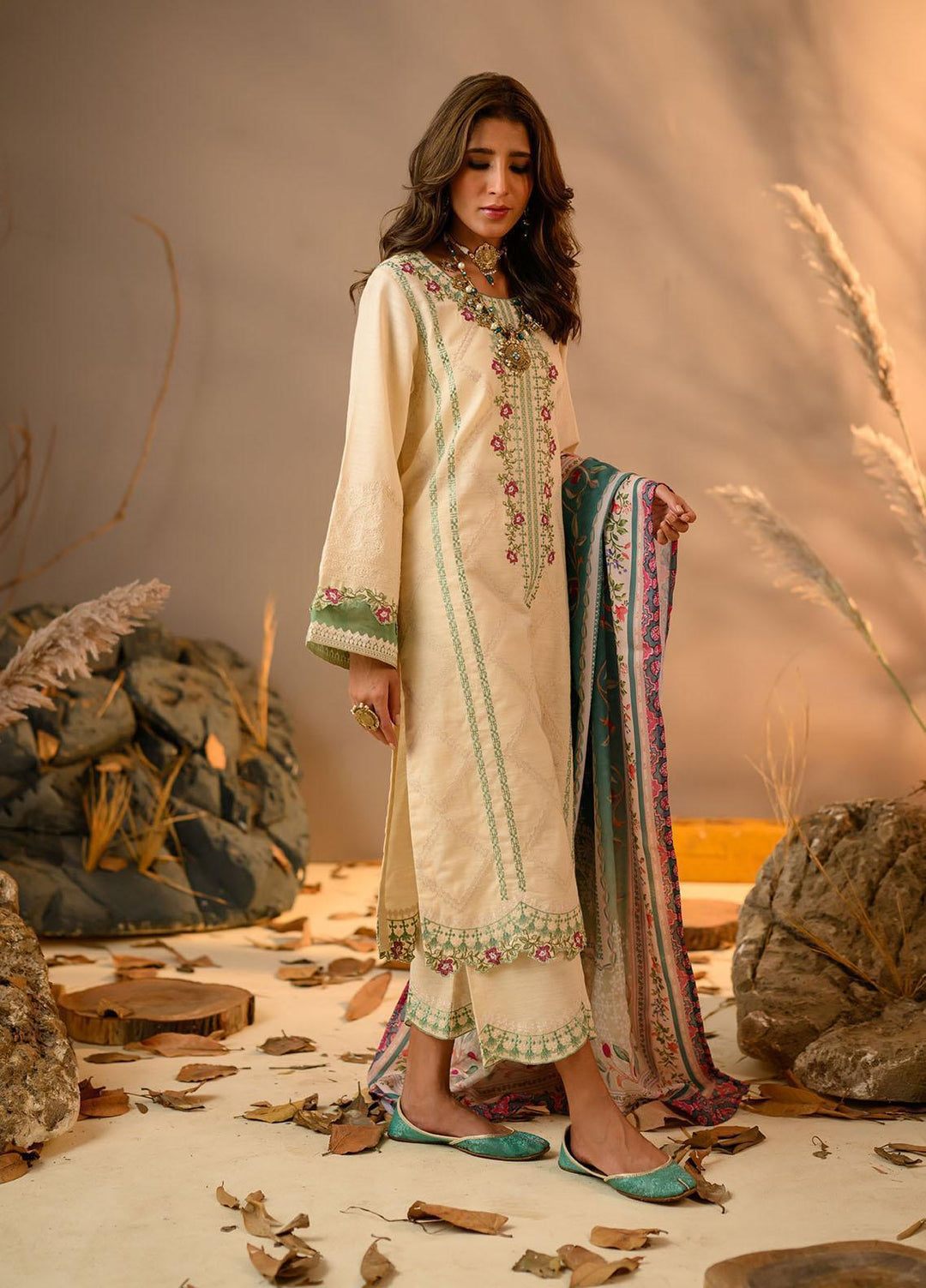 Winter Tales By Dhanak Embroidered Khaddar Suits Unstitched 3 Piece DK22WT DU-3114 OFF WHITE - Winter Collection