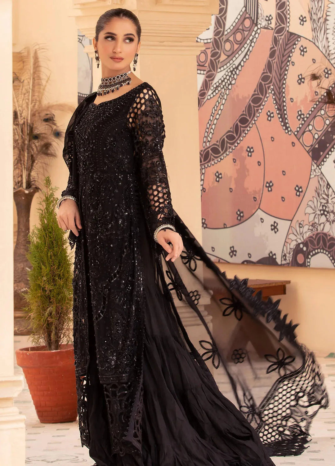 Diara Couture Pret Embroidered Chiffon 3 Piece Suit Black Noir-PSGT-01-03