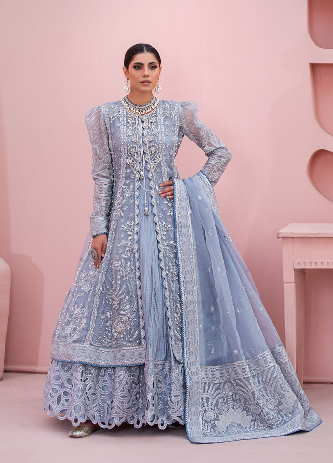 Diara Couture Pret Embroidered Gown Organza 3 Piece Suit POGT-01-02 Blue