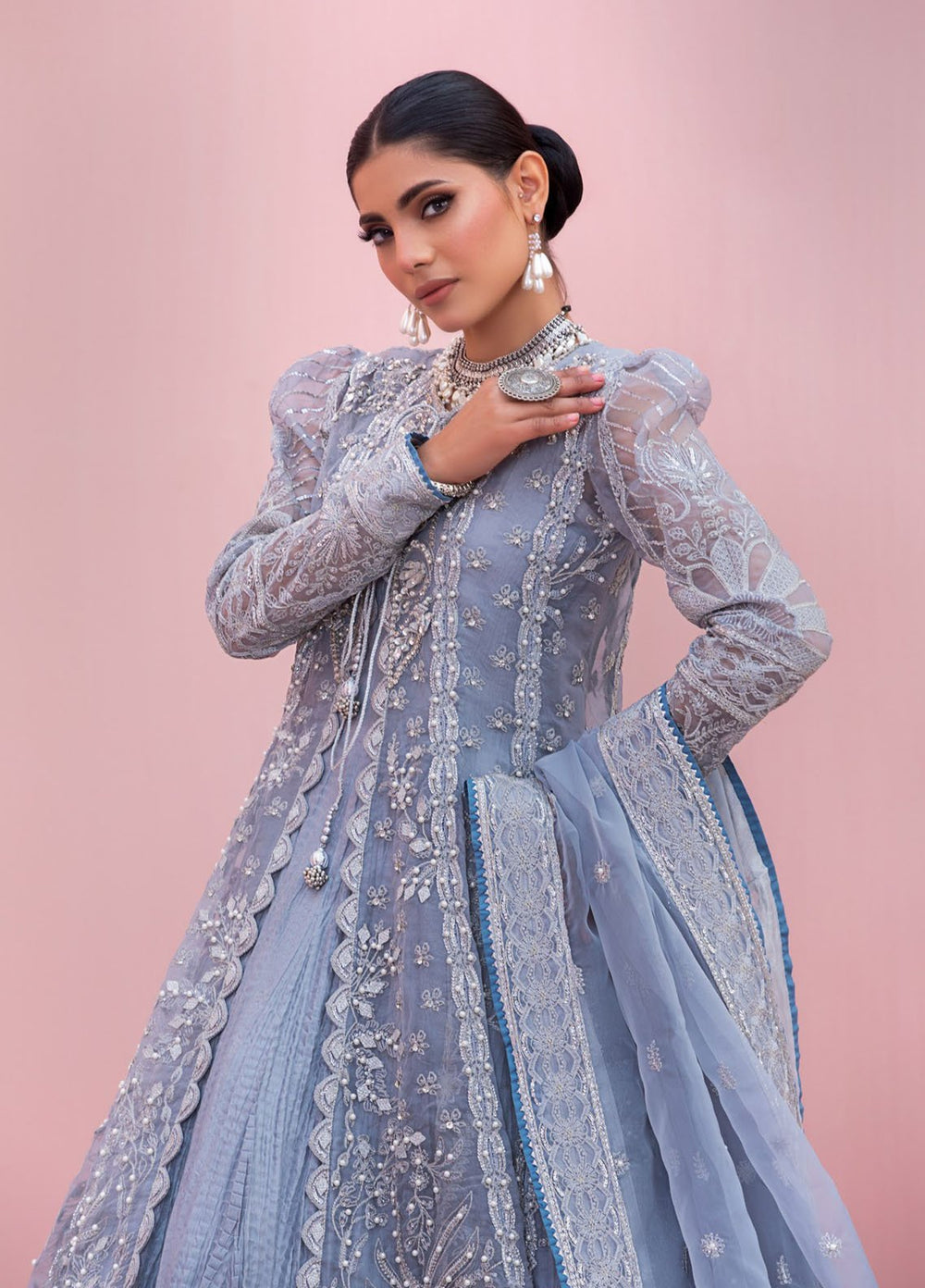 Diara Couture Pret Embroidered Gown Organza 3 Piece Suit POGT-01-02 Blue