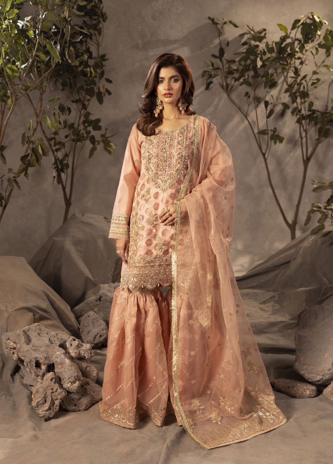 Diara Couture Pret Embroidered Gharara Organza 3 Piece Suit US-493 Peach